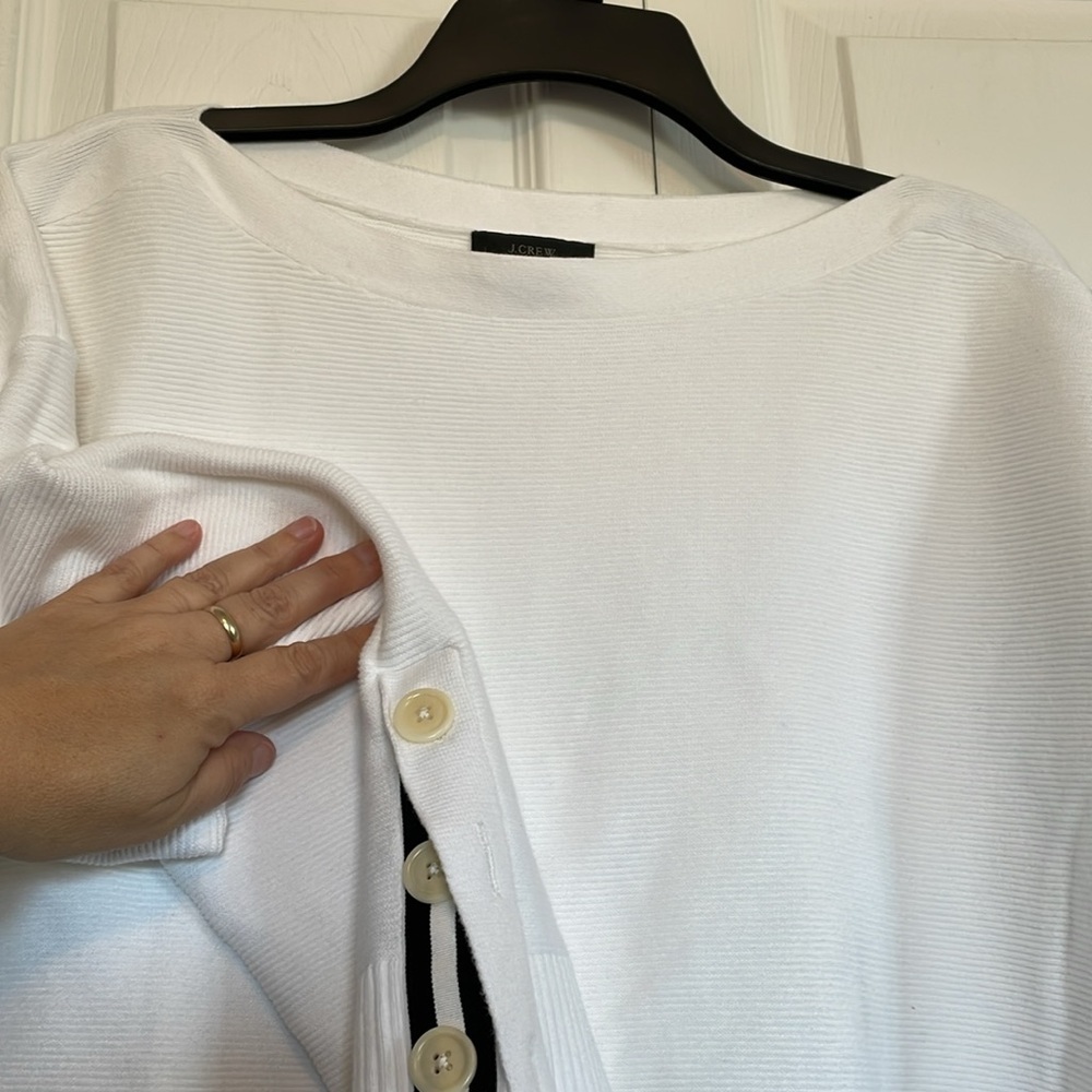 J. Crew M white long sleeved sweater nautical navy arm detailing boat neck knit - Picture 9 of 11